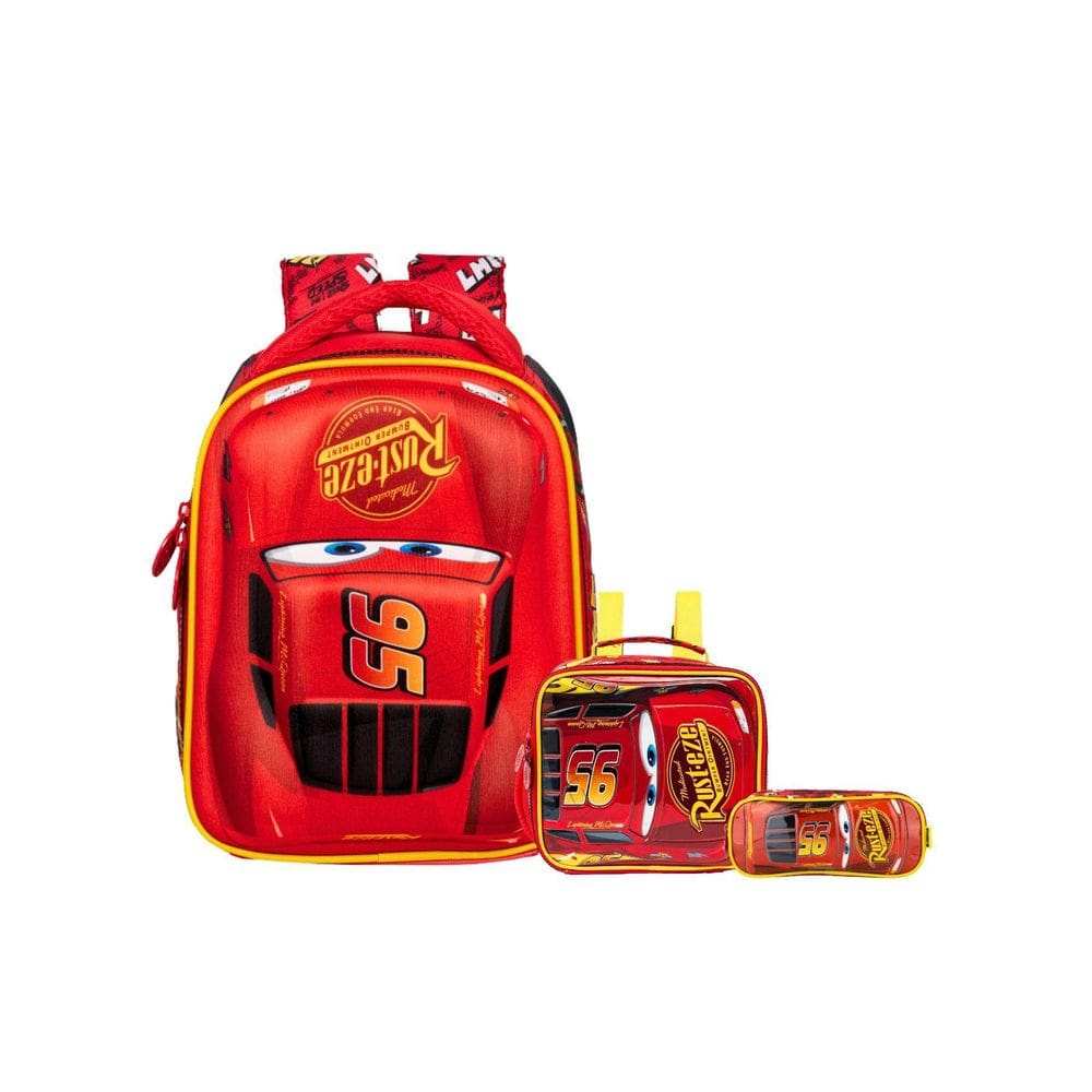 Kit Carros Mochila Costas + Lancheira + Estojo