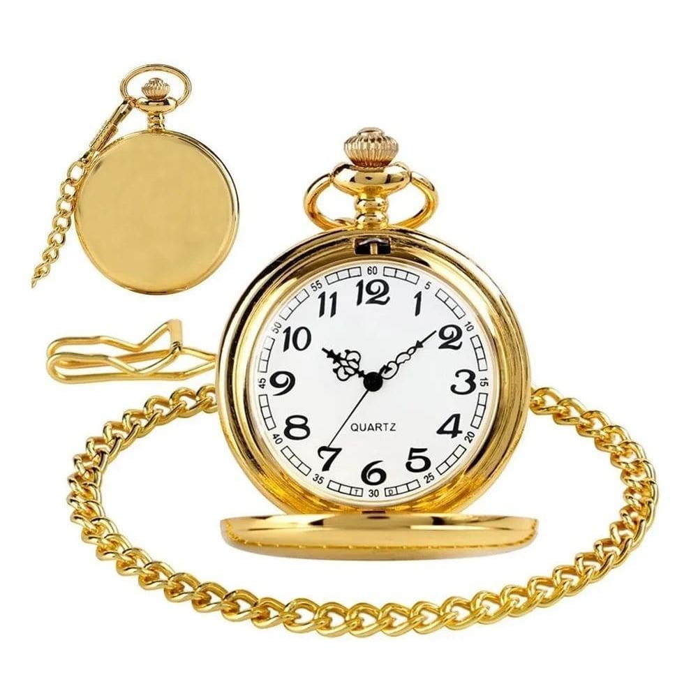 2X Relógio De Bolso Com Corrente Antigo Vintage Dourado Liso