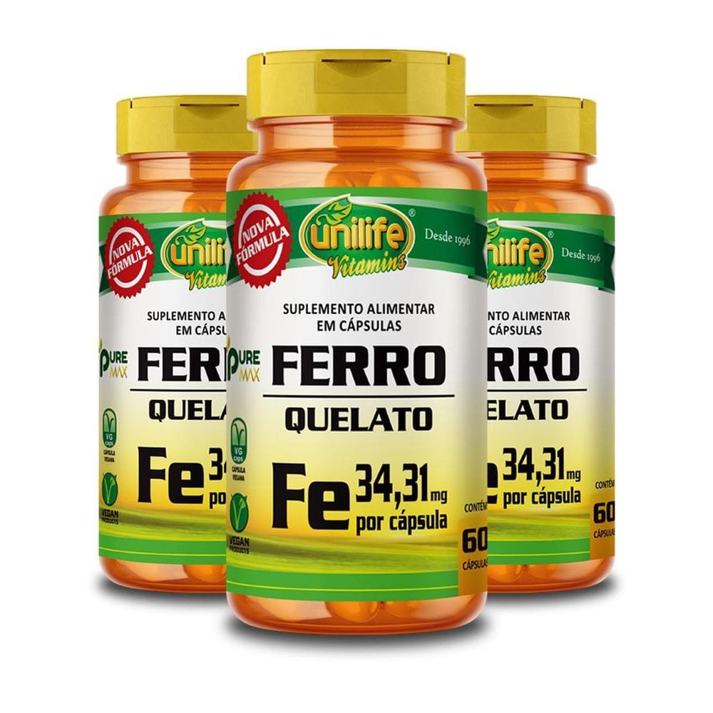 Kit 3 Ferro Quelato Fe Unilife 60 Cápsulas