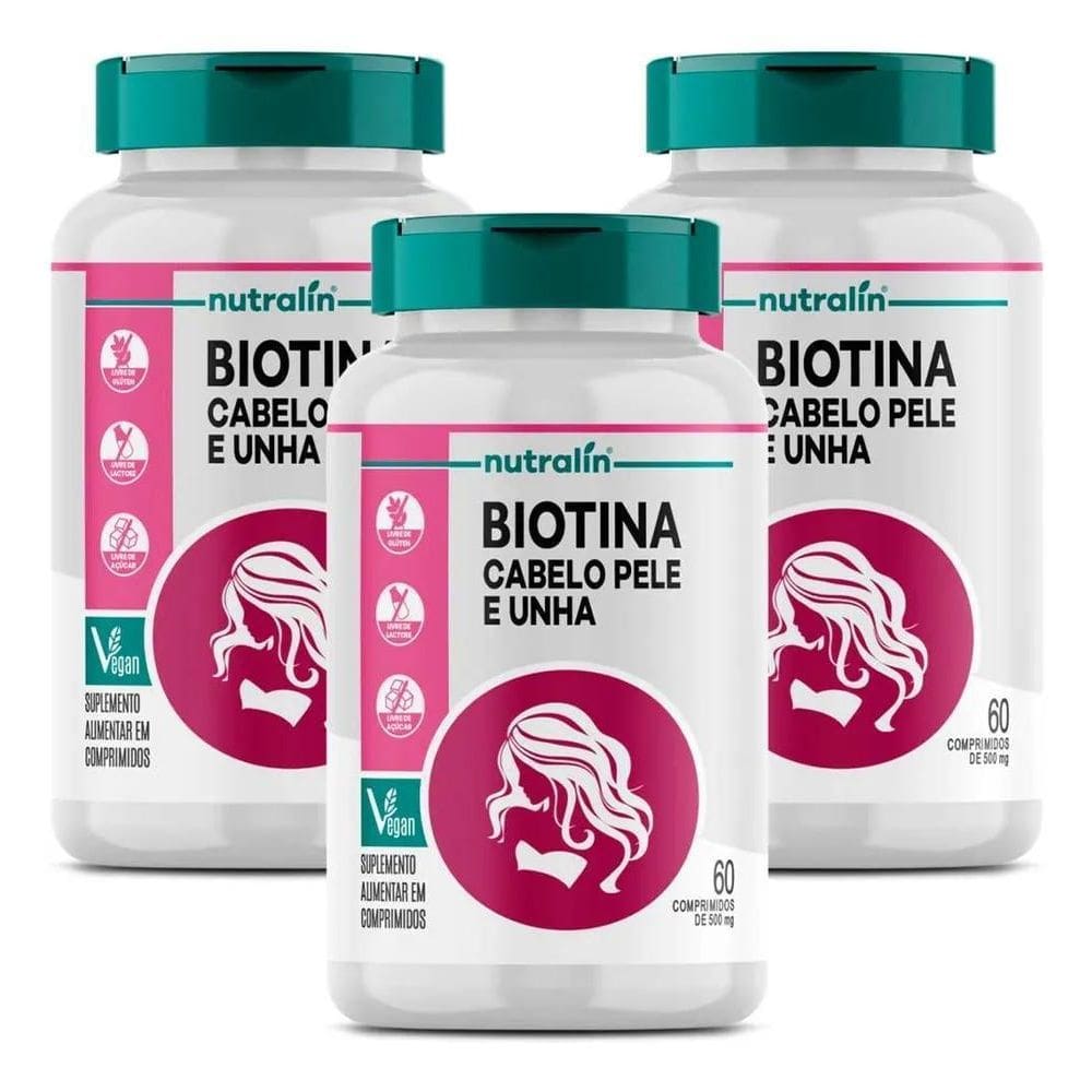 2X 3 Potes Biotina Cabelo, Pele E Unha 60 Caps - Nutralin Sa