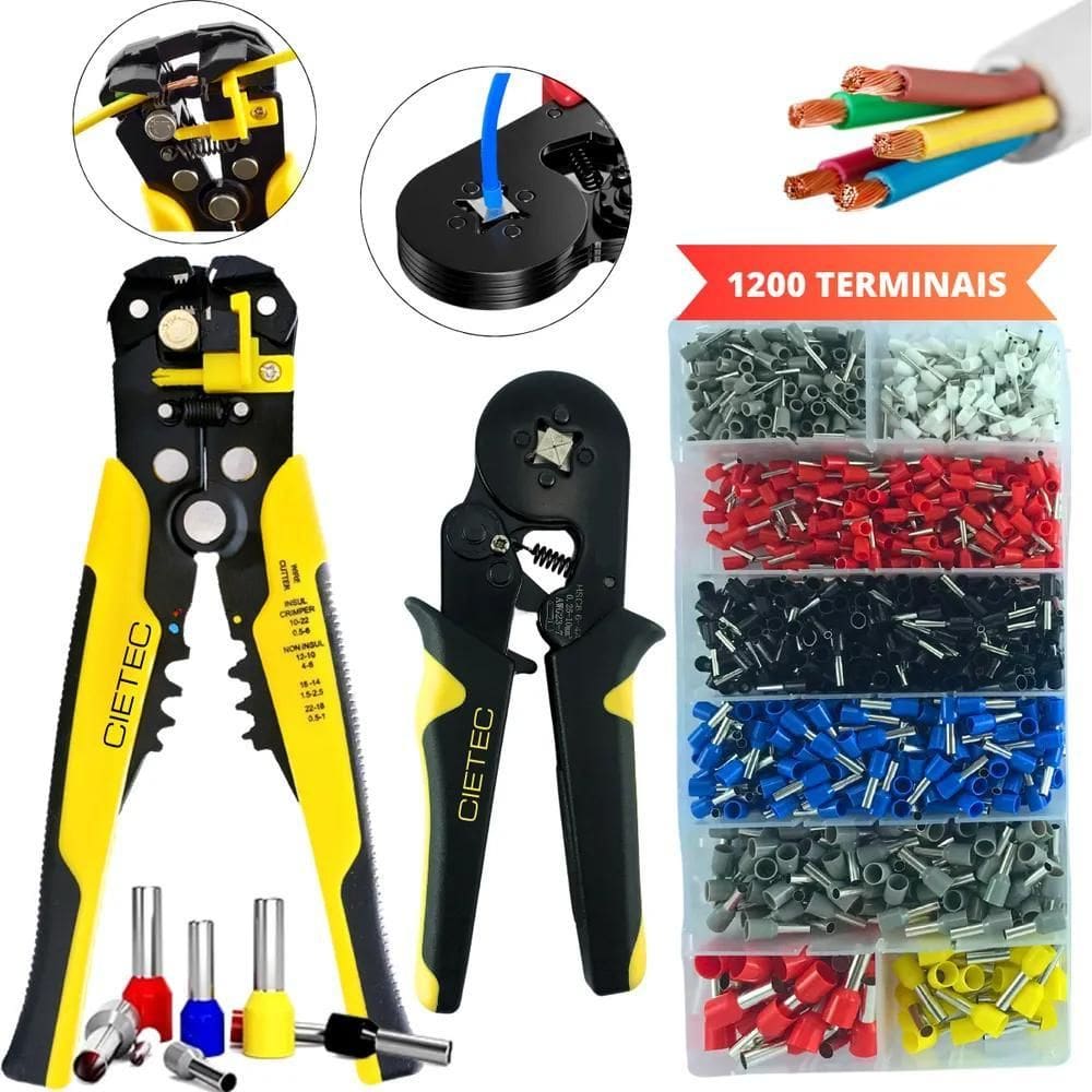 Kit Alicate Crimpar Descascador 1200 Terminais Ilhós Tubular