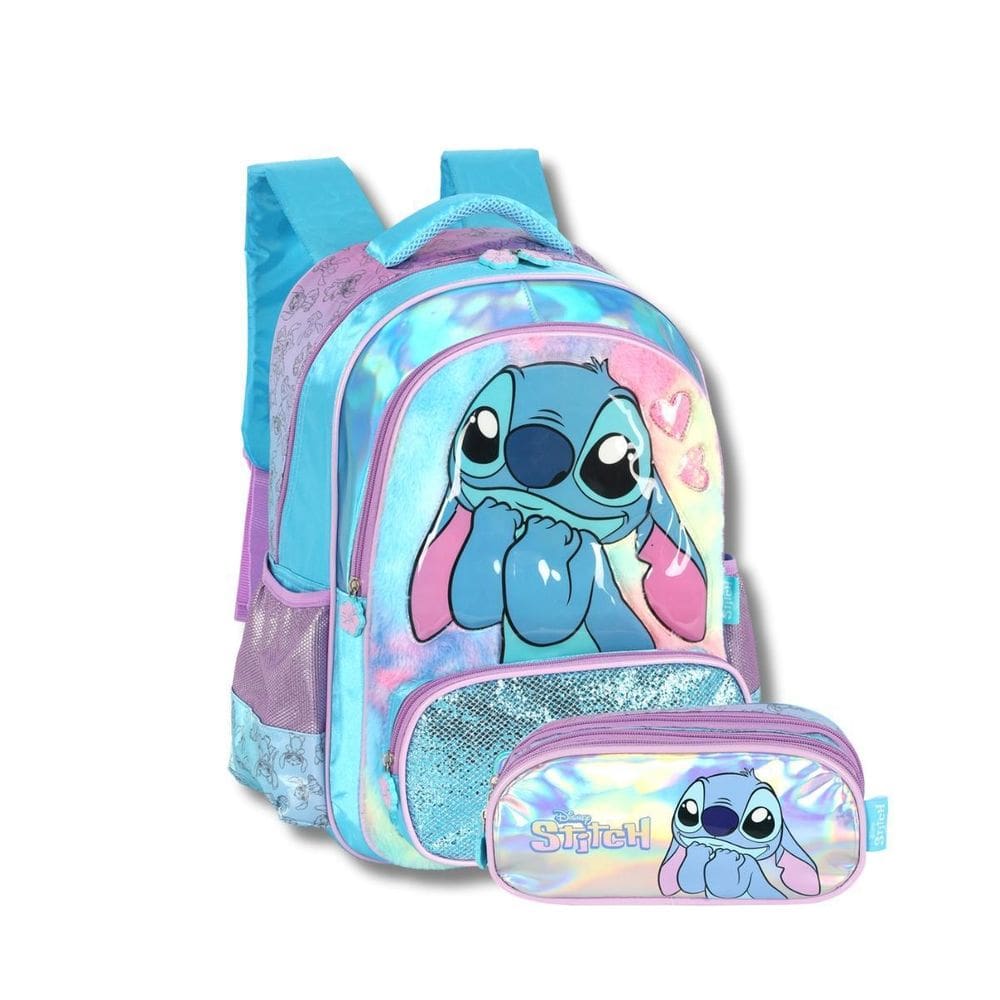 Kit Mochila Stitch Costas E Estojo Triplo Escolar Kids Azul
