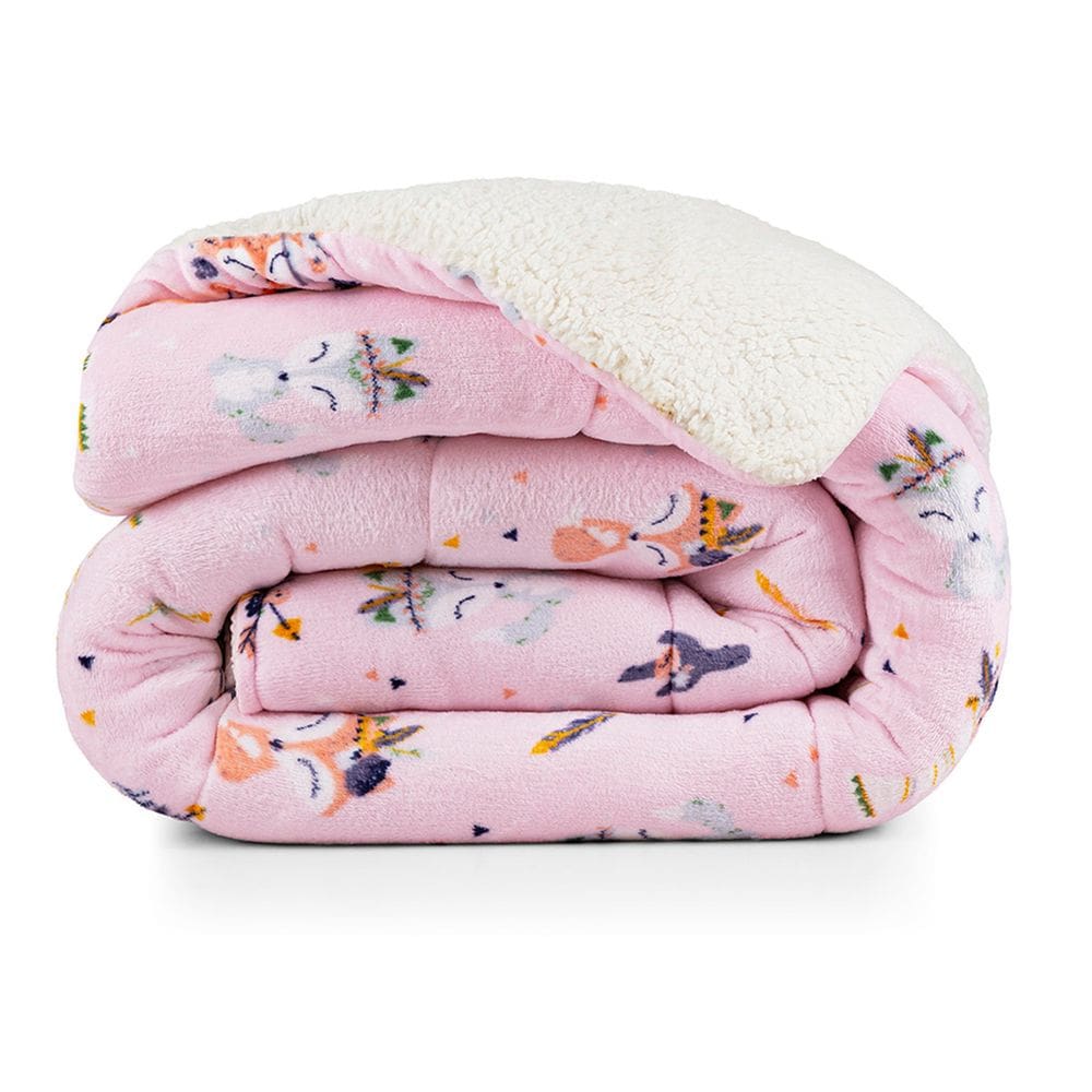 Coberdrom Cobertor Lutti Solteiro Quarto Cama Infantiil Sherpa Manta Toque Lã de Carneiro Foxy Raposinha Rosa