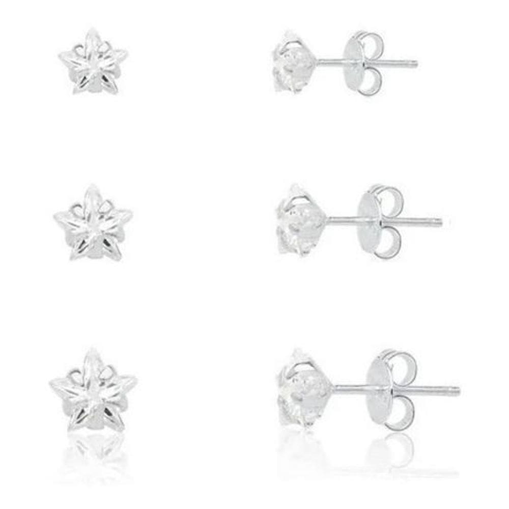 Trio Brinco Pedra Zirconia Estrela Prata 925 3 4 5 Mm