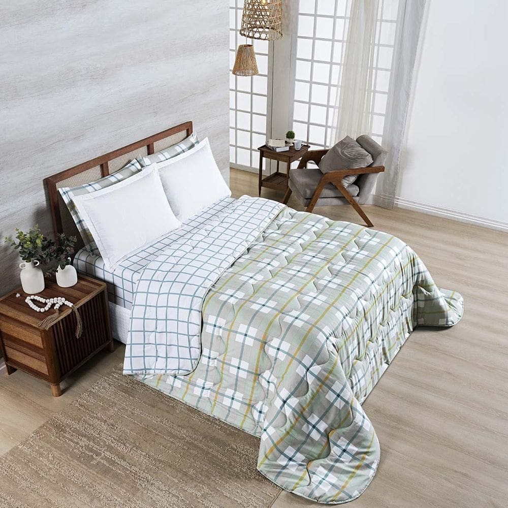 Edredom Cobertor Belle Queen 400 Fios Dupla Face Grid Verde