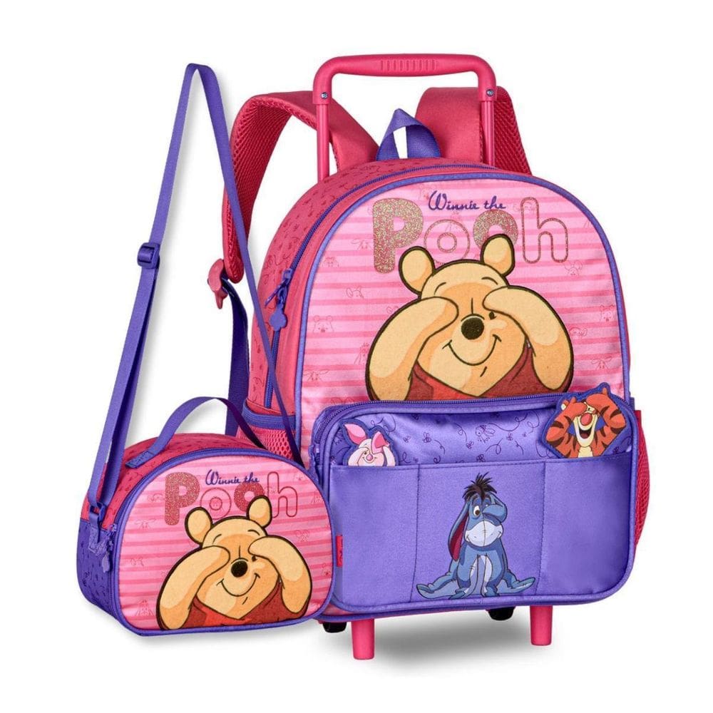 Kit Mochila Carrinho E Lancheira Termica Escola Ursinho Pooh