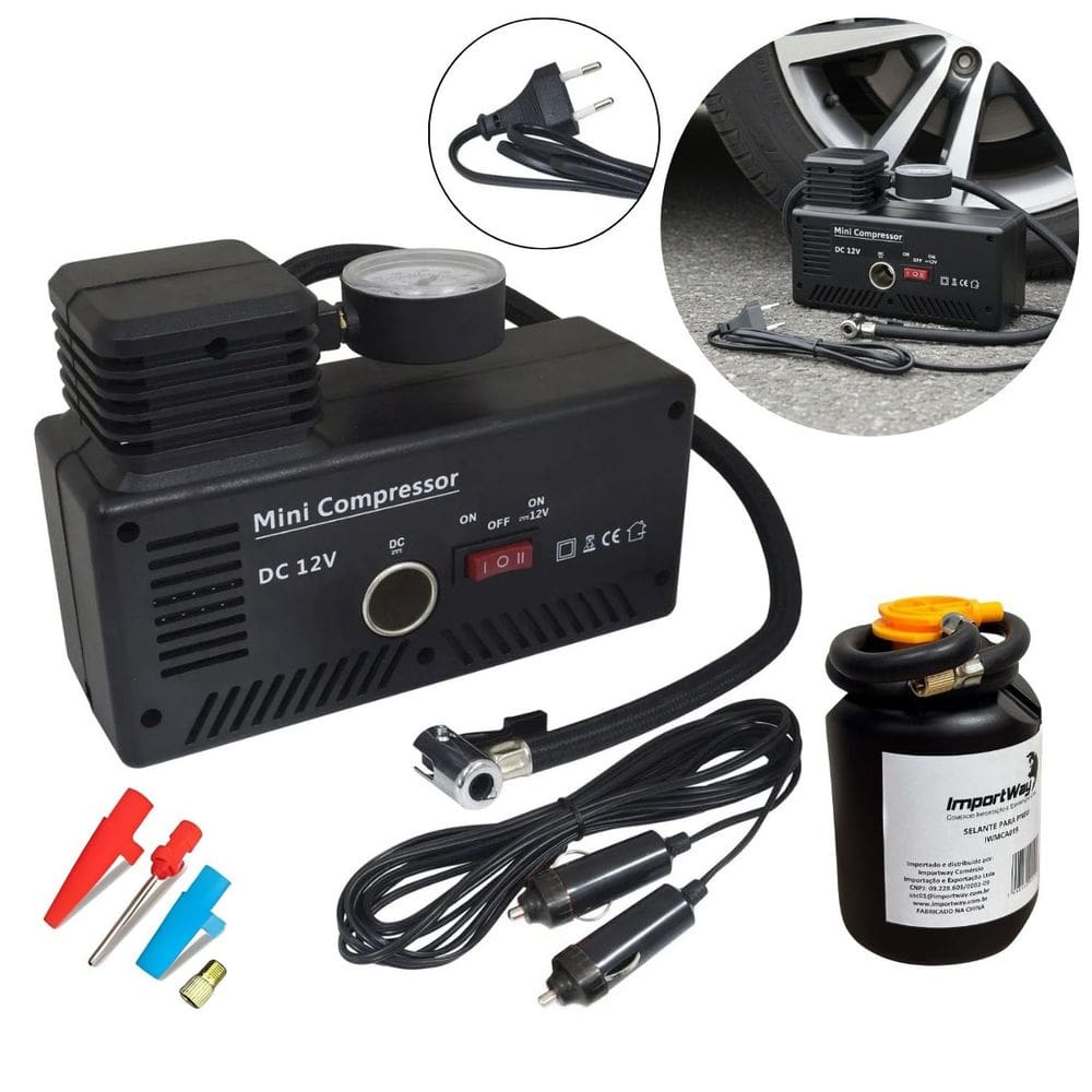 Mini Compressor de Ar Portátil 2 em 1 Automotivo 12V Elétrico 110V/220V 300 Psi Importway Iwmca003