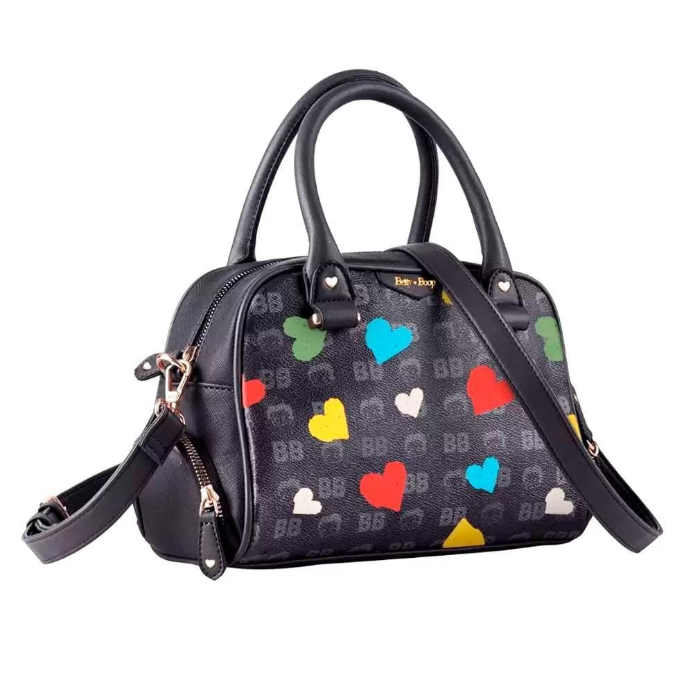 Bolsa Transversal Betty Boop Preto E Coração Colorido Semax