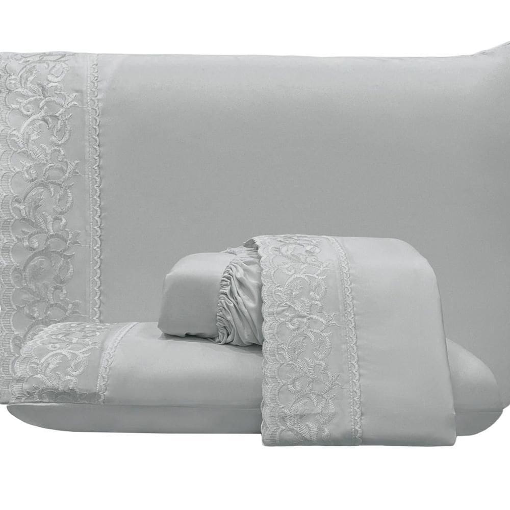 Jogo Cama Lençol King Top Line 4 Peças Cinza 100% Poliéster