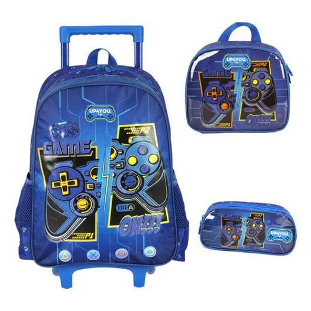 Kit Mochila Rodinhas Menino Controle Vídeo Game Em Relevo