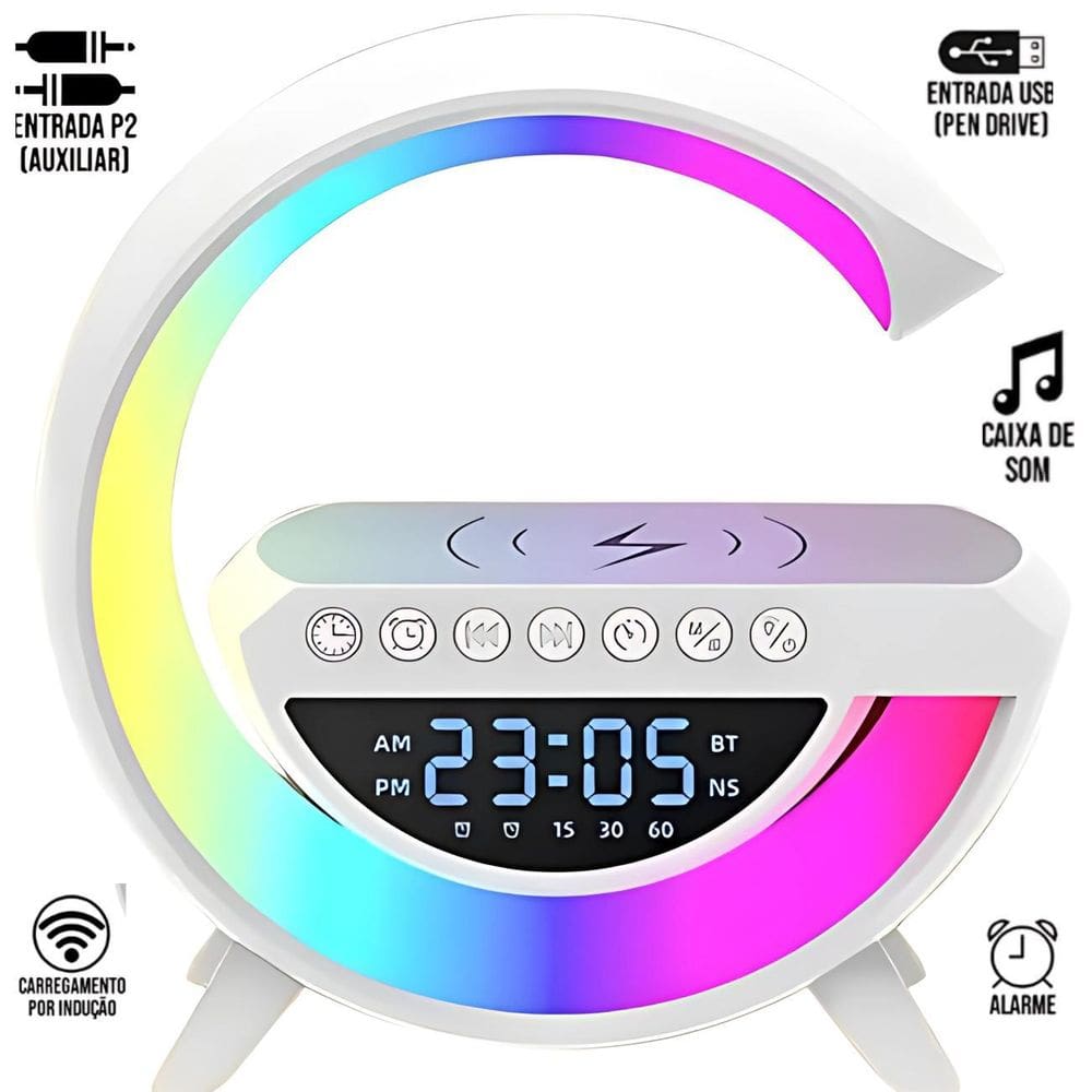 Luminária Led Com Alto-Falante, Carregador Sem Fio Integrado