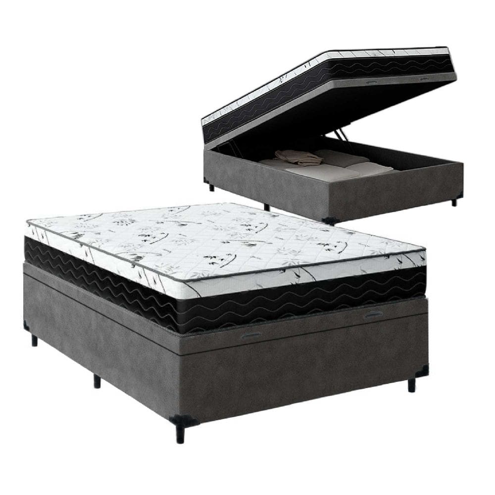 Cama Box Baú Casal 138 Suede Cinza com Colchão Espuma D33 One Face Preto 58x138x188