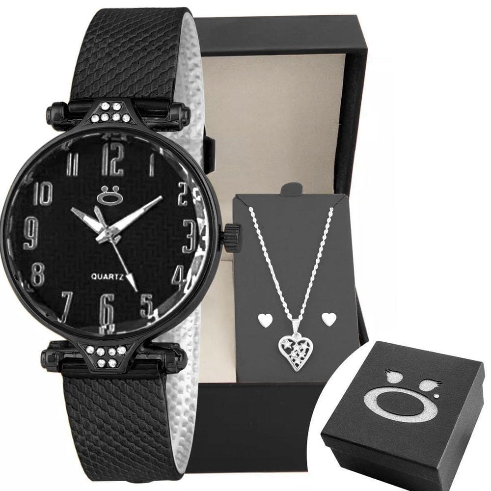 Relogio Feminino Aço Preto + Caixa + Brinco Colar Coração