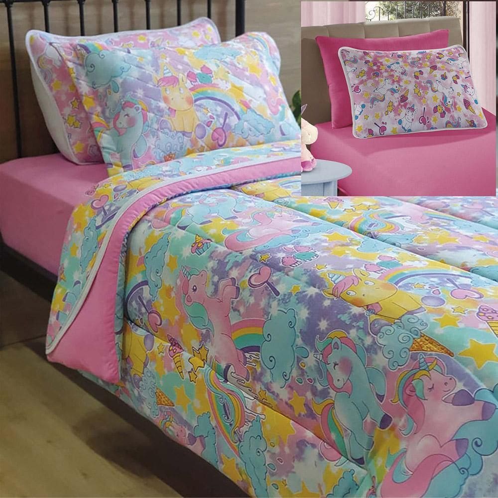 Kit Coordenado Edredom Lençol Solteiro Mymo Unicornio 100%