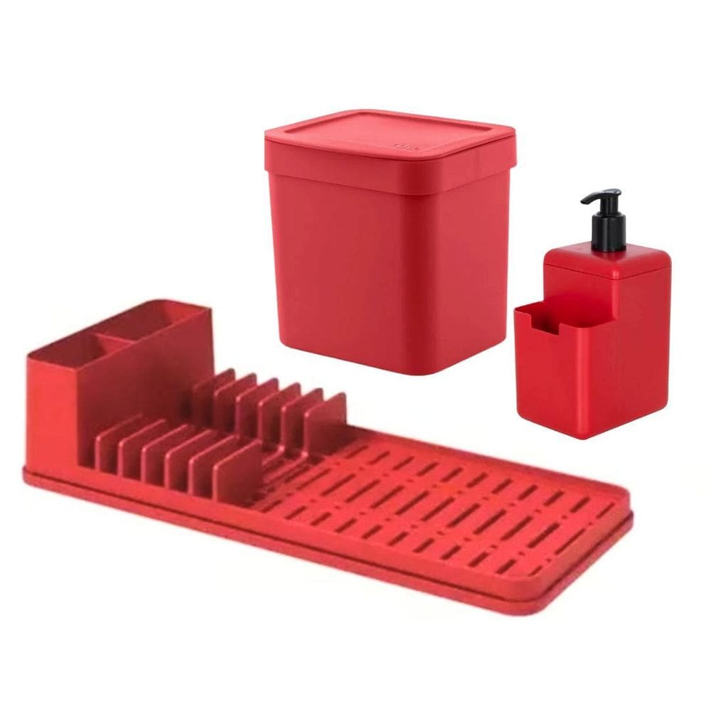 Kit Organizador Pia Cozinha Com Escorredor Coza - Vermelho