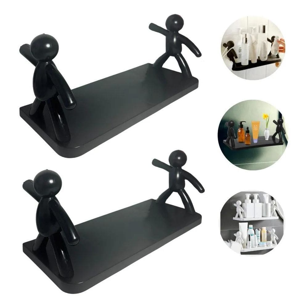 2X Kit 2 Prateleira De Plástico Preto Para Banheiro Bonequin