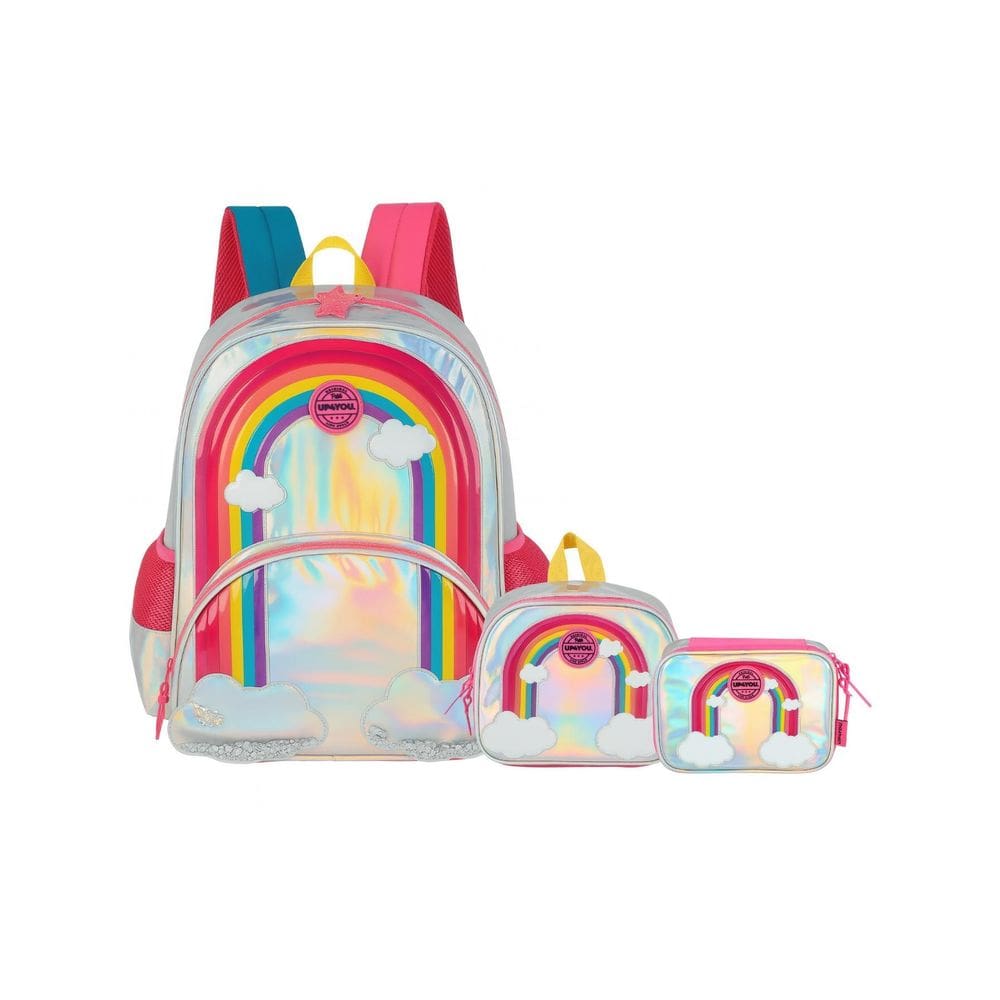Kit Arco Íris Mochila Costas + Lancheira + Estojo Box