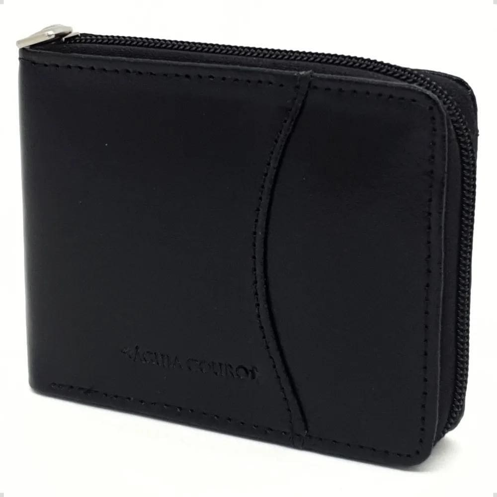 2X Carteira Couro Masculina Fechamento Zíper Grande