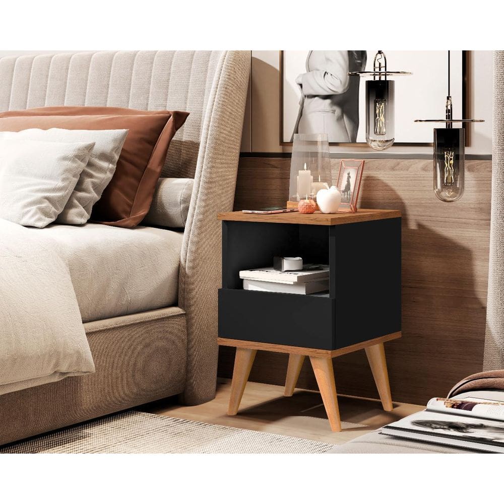 Mesa Cabeceira Pés Palito Genova Pix Plus Cor Preto / Nature