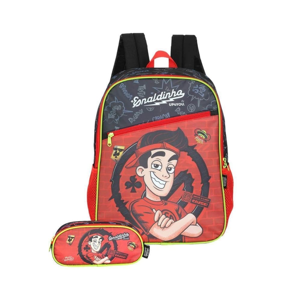 Kit Mochila Enaldinho Costas E Estojo Duplo Escolar Vermelho