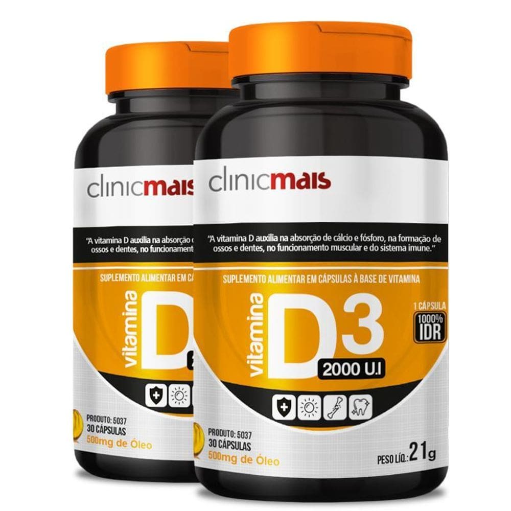 Kit 2 Vitamina D3 2000 U.I 500Mg Clinicmais 30 Cápsulas