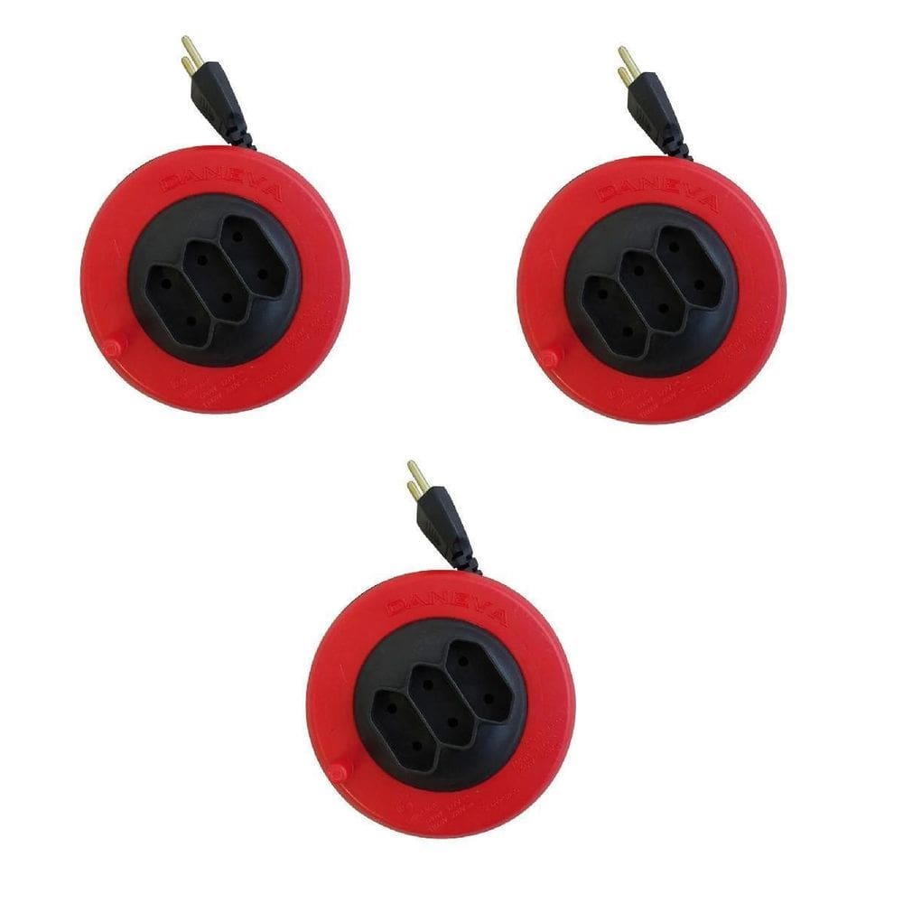 Kit 03 Extensão Carretilha Retrátil 3 Tomadas Fio 3 Metros
