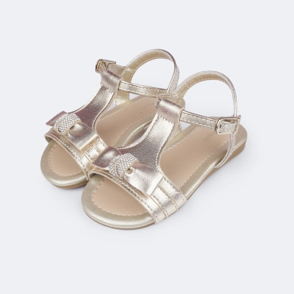 Sandália infantil primeiros passos Pampili Mili laço dourada