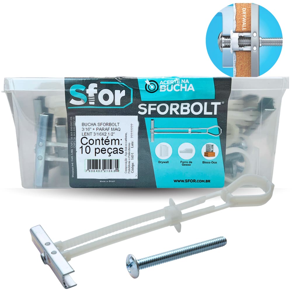 10 Kits Fixação Bucha Sforbolt 3/16 Drywall C/ Caixa 20pçs