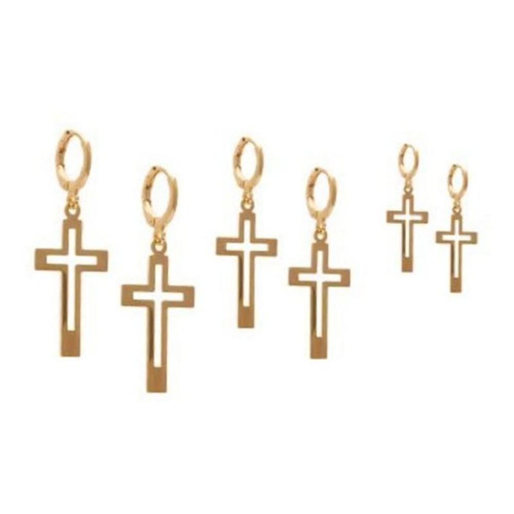 Trio Brinco Argola Com Pingente De Cruz Folheado Ouro 18K