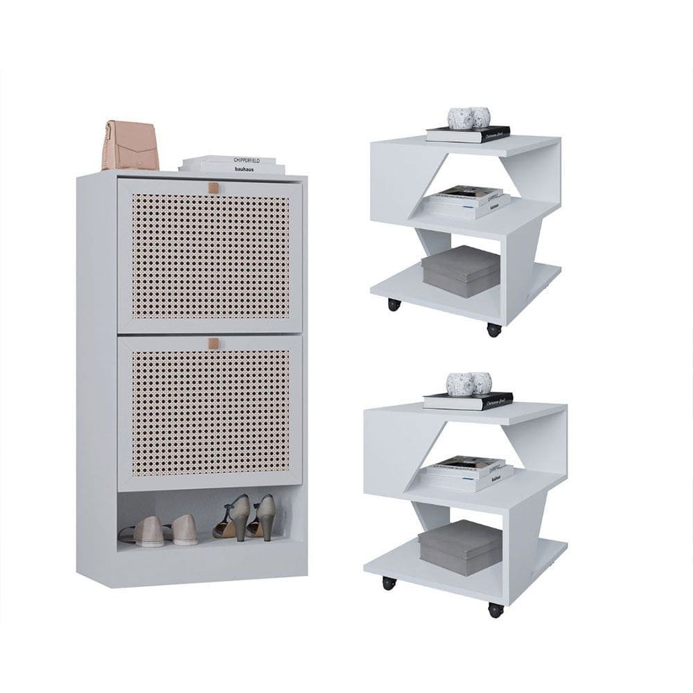 Kit Sapateira Spin Tropical 2 Portas e 2 Mesas de Cabeceira/Centro Branco Poquema