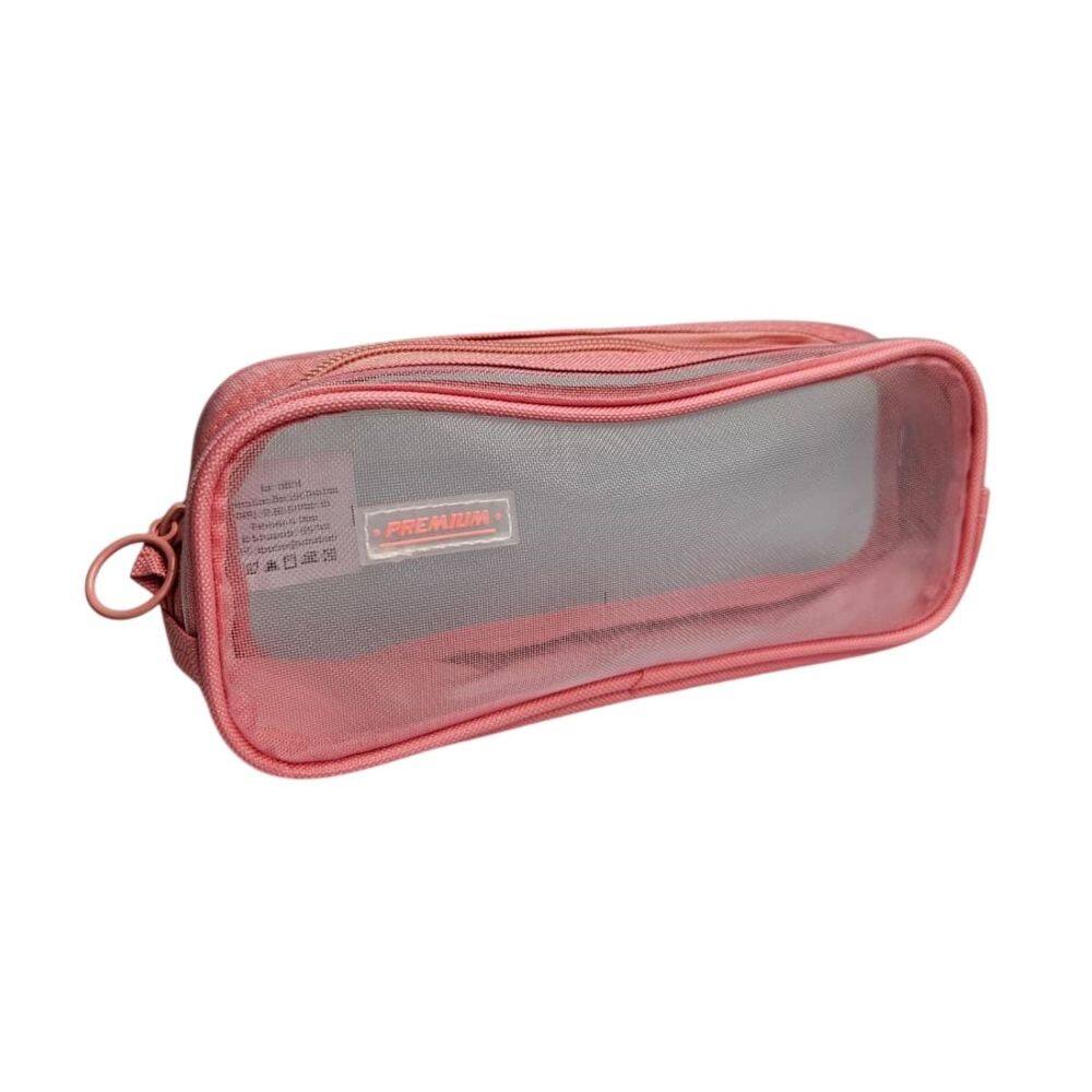 Estojo Escolar Tela Transparente Rosa Premium Canetas Lápis Ensino Médio Fundamental Universidade