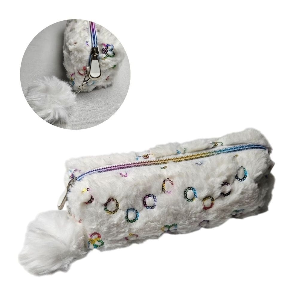 Estojo Escolar Pelúcia Branco Glitter Flor Zíper Pompom Fofo Kawaii Organizador Maquiagem Delicado