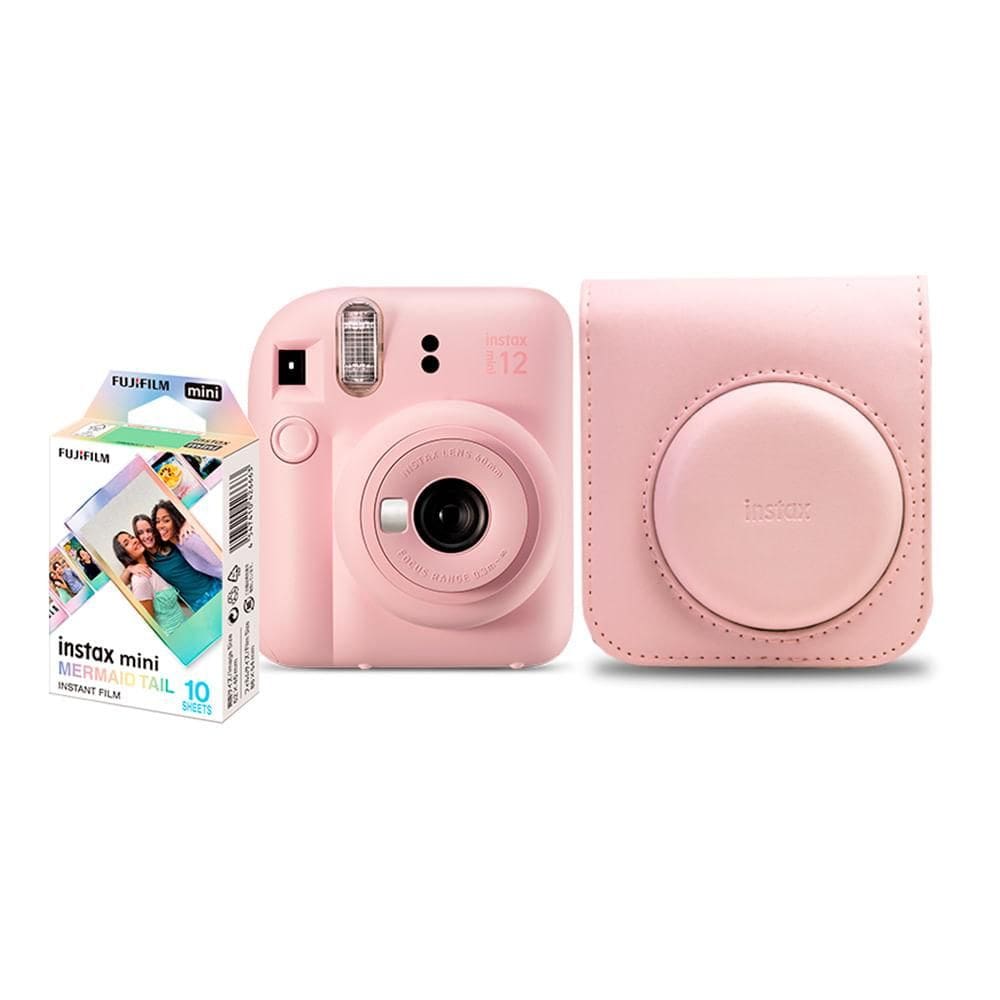 Kit Câmera Analógica Fujifilm Instax Mini 12 Rosa Mermaid com Bolsa e Pack com 10 Filmes