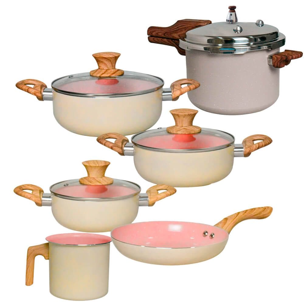 Jogo de Panelas  e Panela de Pressão Antiaderente de Indução Revestimento Cerâmica Verona Bege 6 Peças - Rio Home