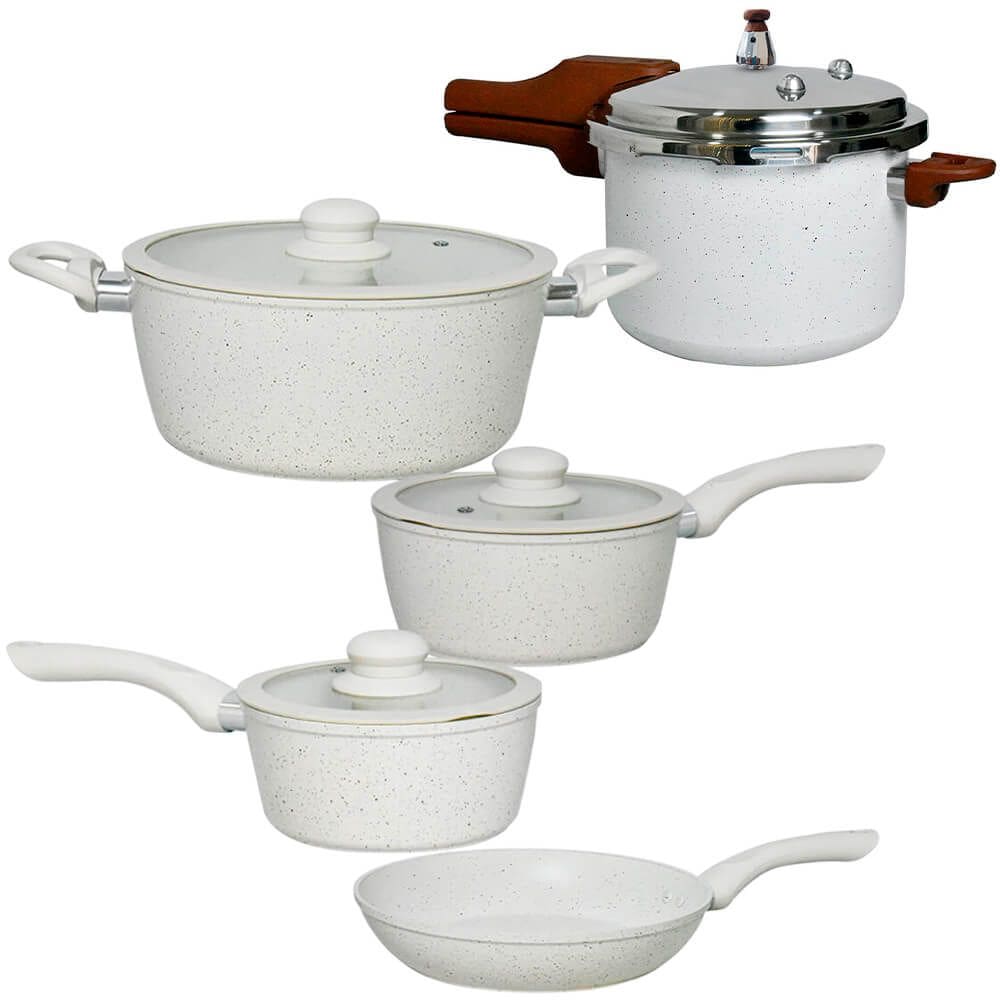 Jogo de Panelas e Panela de Pressão Antiaderente Indução Revestimento Cerâmica Viena Areia 5 Peças - Rio Home VIsta Home