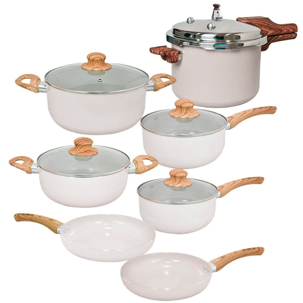 Jogo de Panelas e Panela de Pressão de Indução Antiaderente Cerâmica Bege Cairo 6 peças - Hauskraft