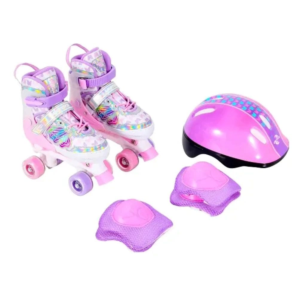 Patins Quad Ajustável De Borboleta Com Kit Proteção, Acolchoado, Trava e Suporta 60kg Unitoys