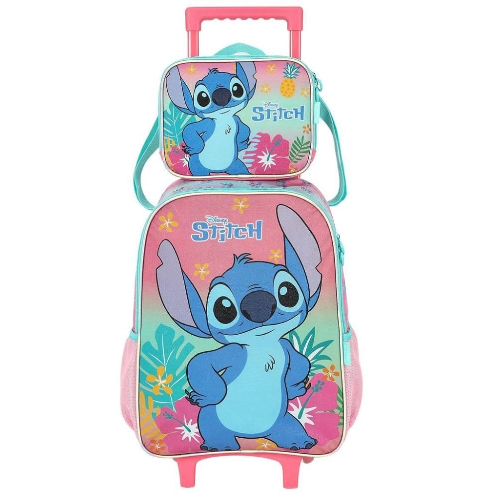 Kit Mochila Rodinha Lancheira Luxcel Stitch Floral Rosa
