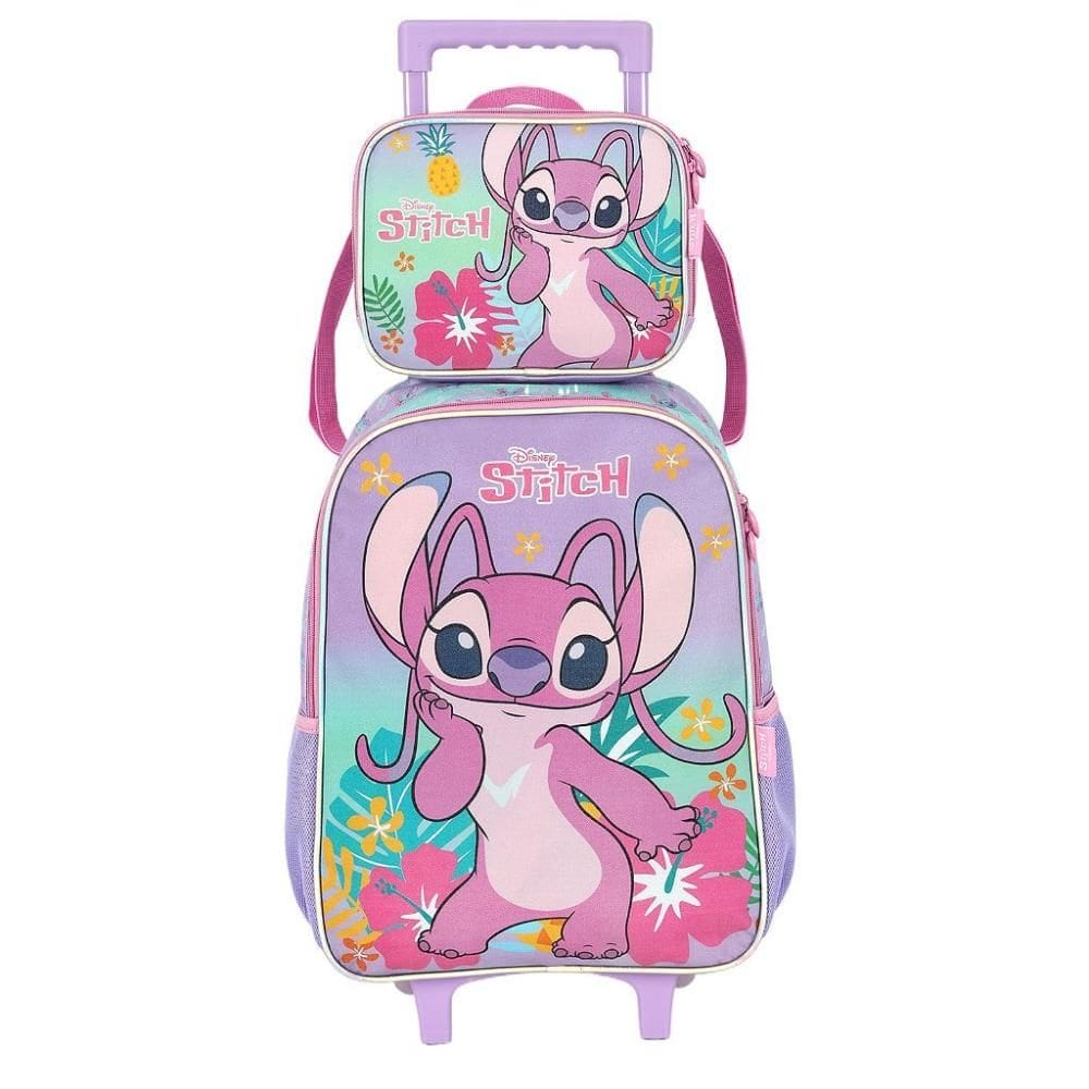 Kit Mochila Rodinha Lancheira Luxcel Stitch Floral Roxo
