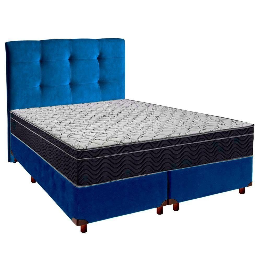 Cama Box Azul + Colchão Casal Airtech 150 Ortobom E Cabeceira