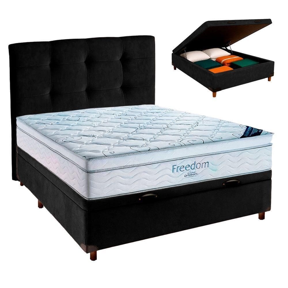 Cama Box Baú Preto + Colchão Casal Freedom Ortobom + Cabeceira
