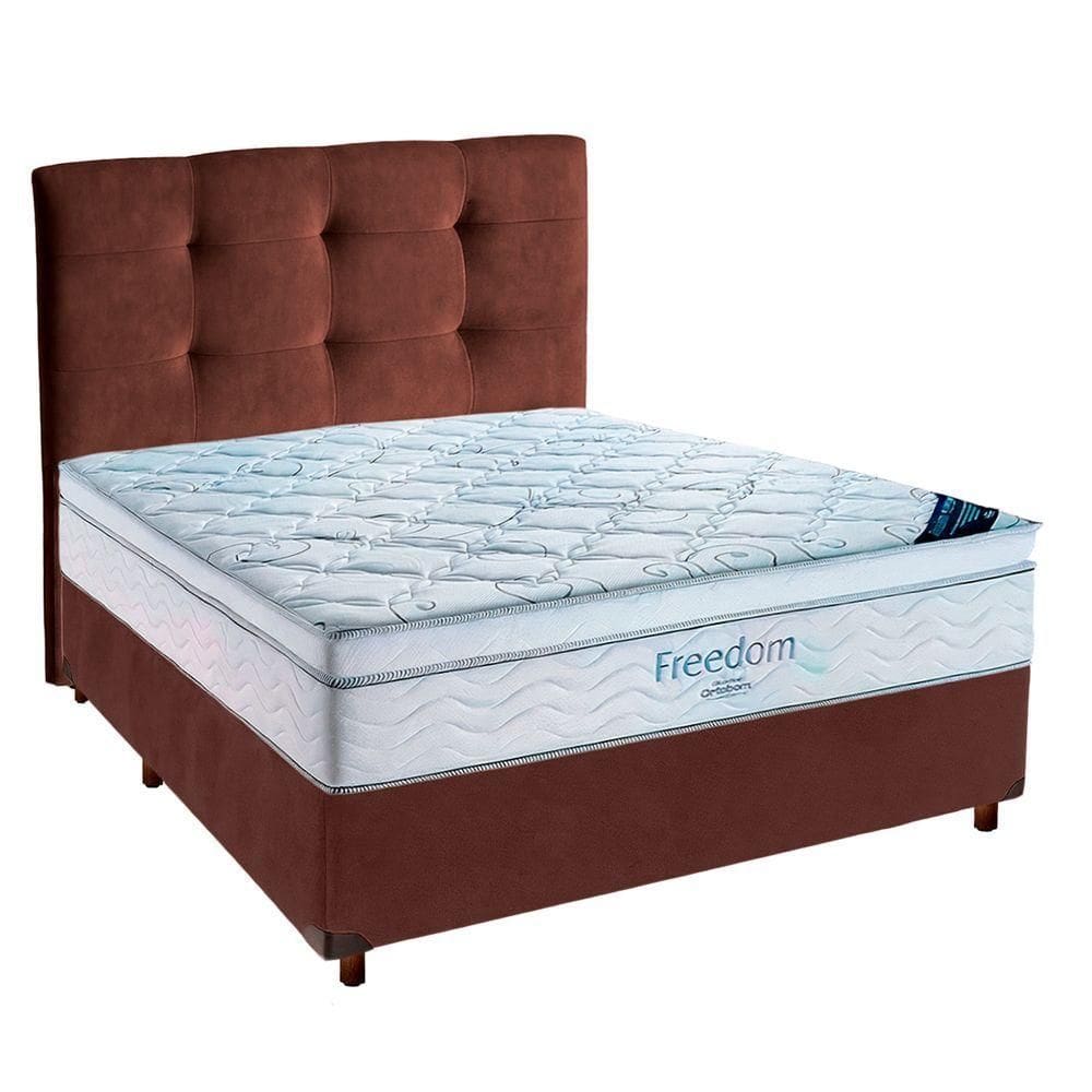 Cama Box Marrom + Colchão Casal Freedom Ortobom + Cabeceira