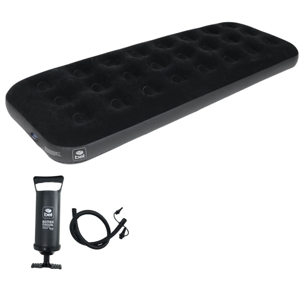 Colchão Inflável Solteiro Deluxe Comfort Bel Preto e Bomba d Ar Manual Portátil Viagem Camping 191cm X 73cm X 22cm 150kg