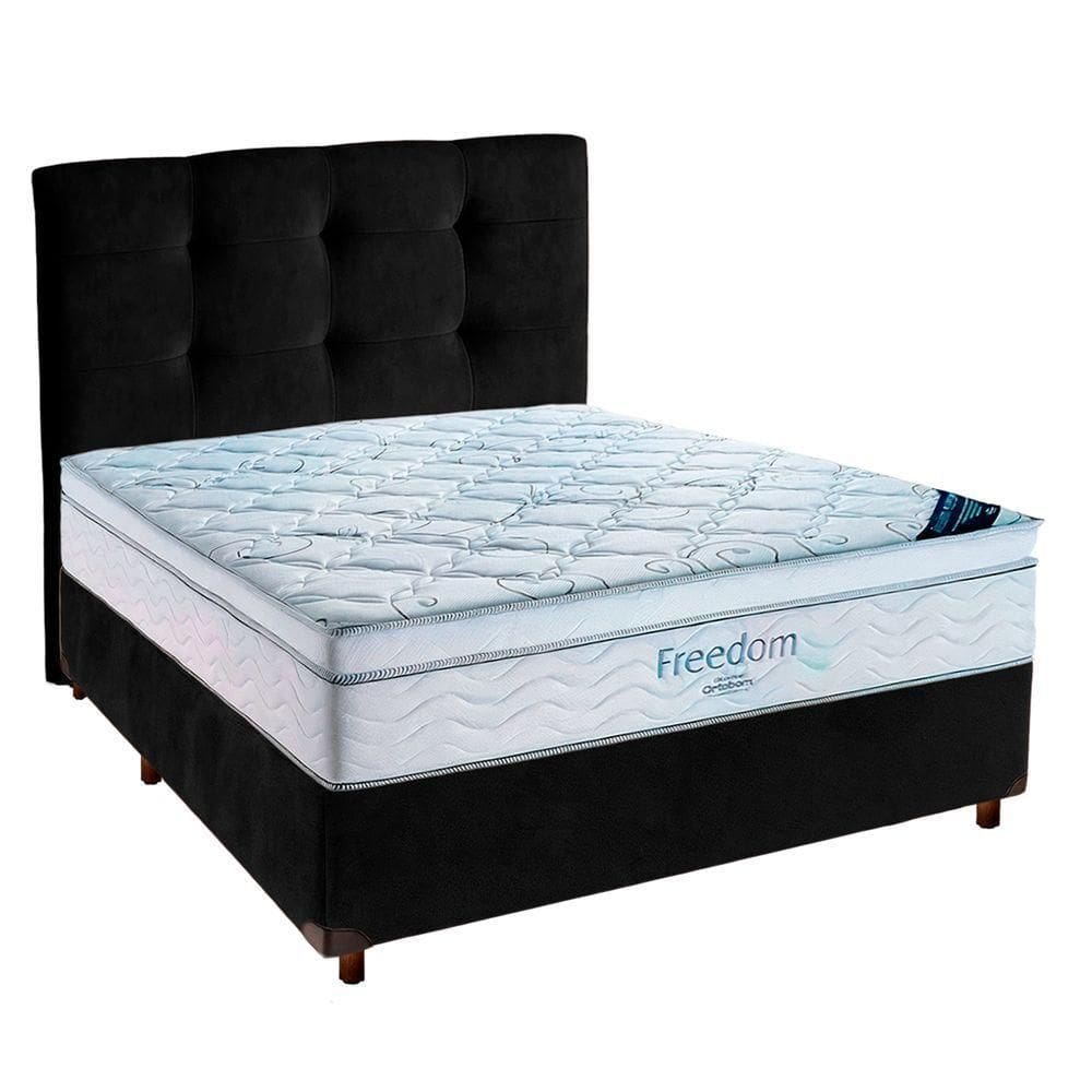 Cama Box Preto + Colchão Casal Freedom Ortobom + Cabeceira