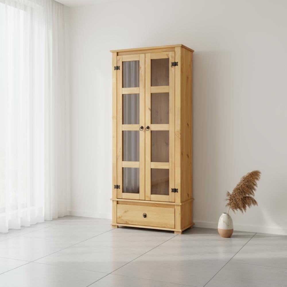 Cristaleira Madeira Maciça 2 Portas De Vidro 1 Gaveta Rústica - Mel