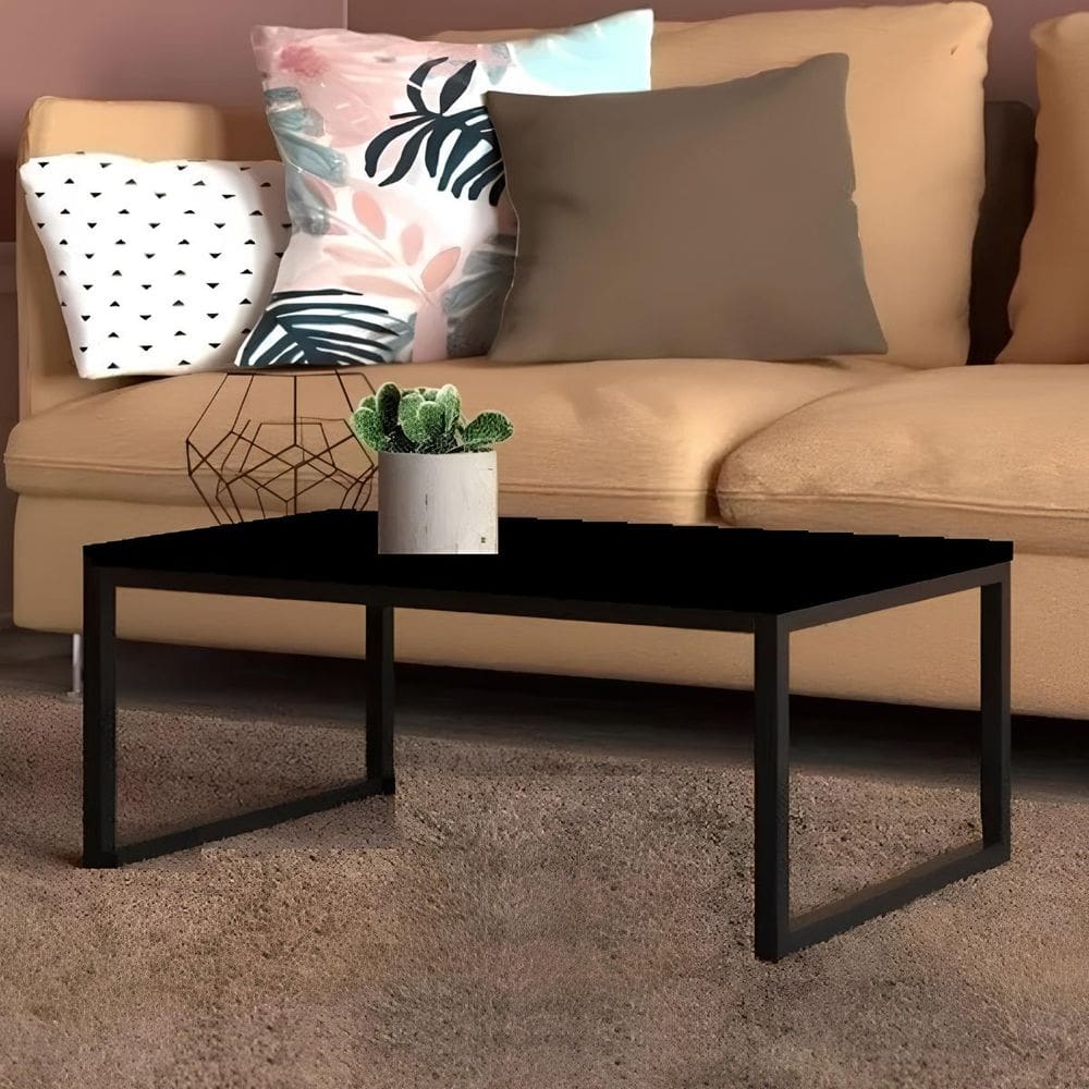 Mesa Centro Sala Pés De Ferro Tampo Mdf 80x40 Preto Fosco