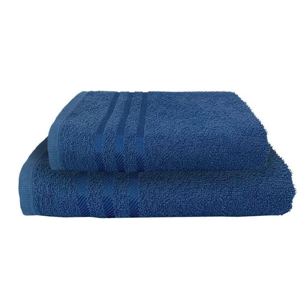 1 Toalha De Banho E 1 Rosto Azul 3 Barras 100% Algodão