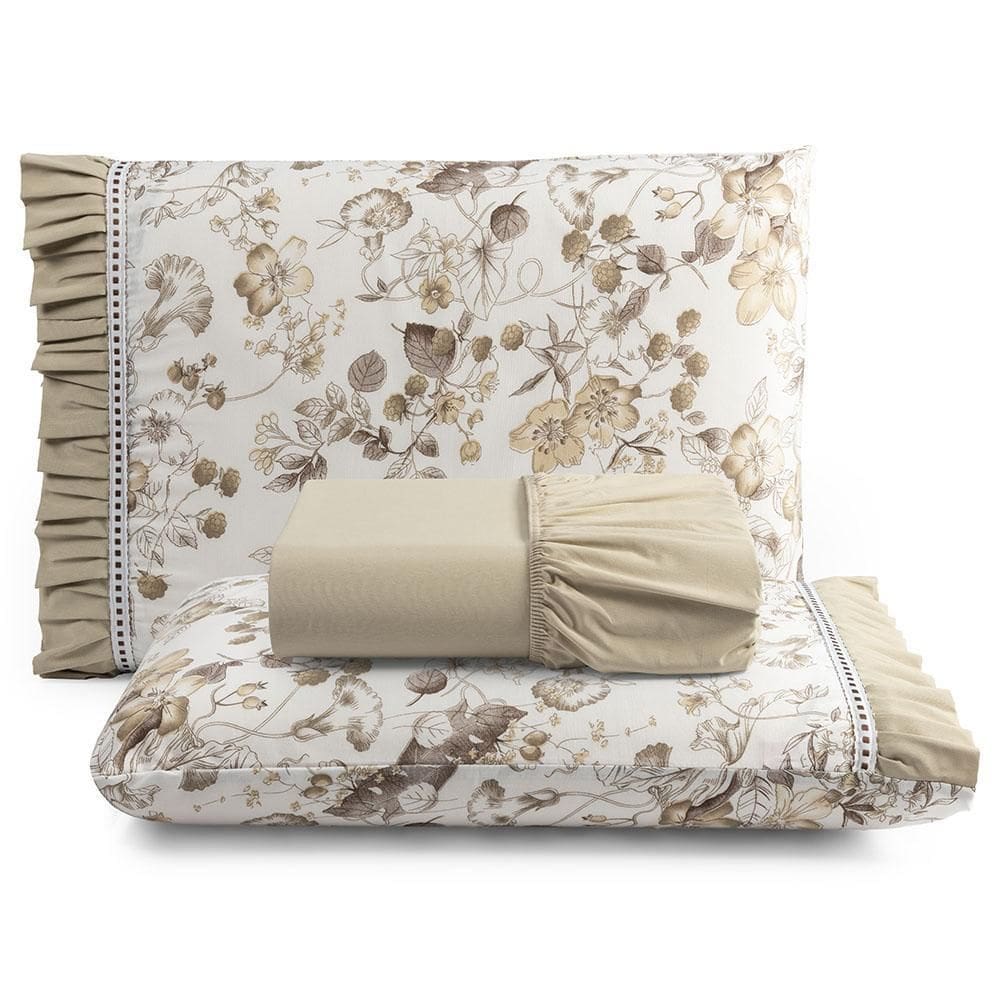 Jogo Lençol Fiore Casal Padrão 100% Algodão 3Pçs Bege Floral