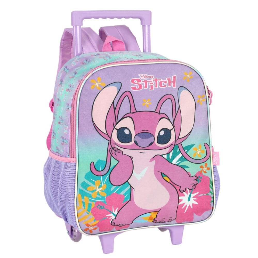 Mochila Grande Angel Stitch Reforçada Juvenil Roxo Rodinha