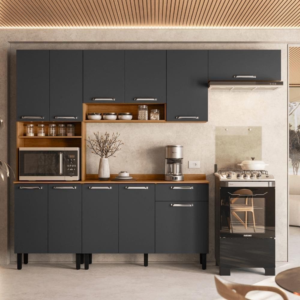 Armário De Cozinha Completa 254cm Vegas Grafite Madeira Itatiaia